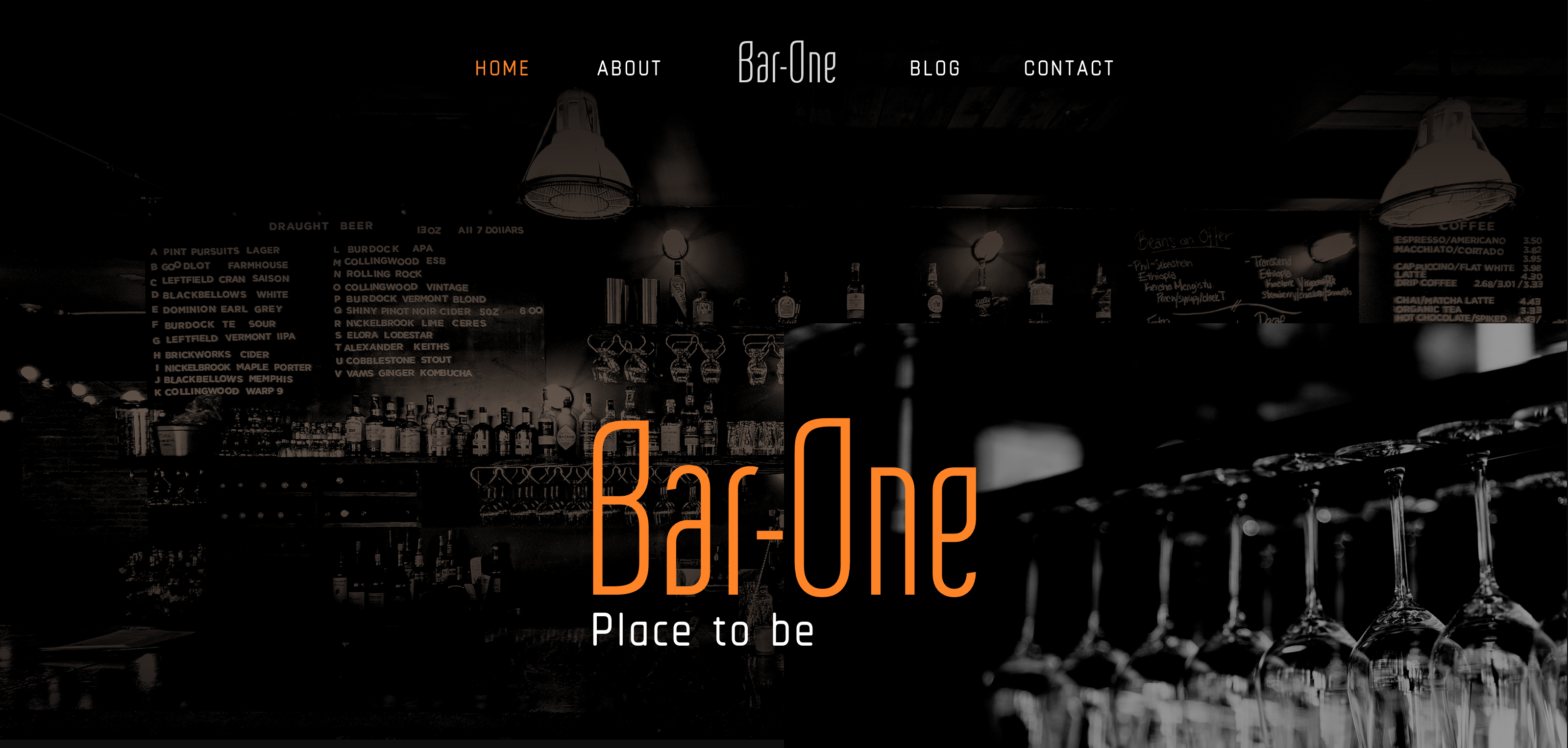 The header of a website with a background that is a back and white picture of the inside of a bar, with an orange title on the center saying 'Bar-One, Place to be' and a menu on the top.